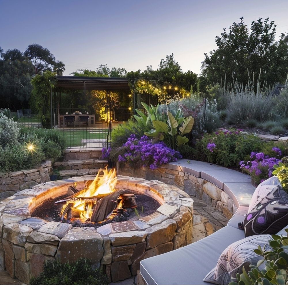 backyard fire pit landscape plants