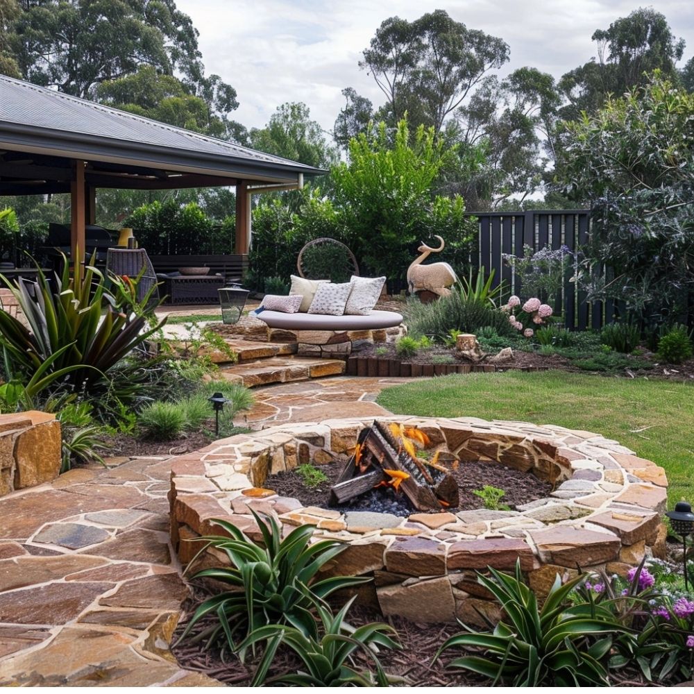 backyard fire pit landscape stone pathway