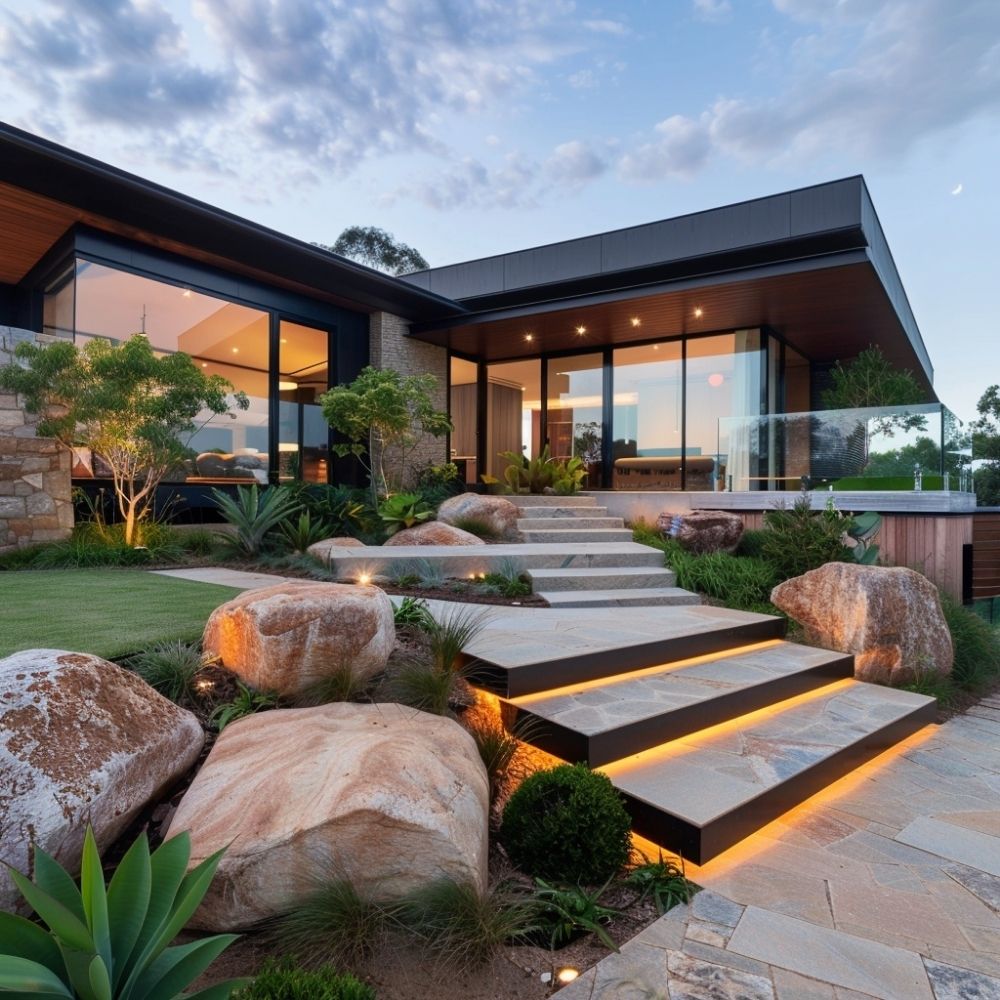 front yard landscape big stones