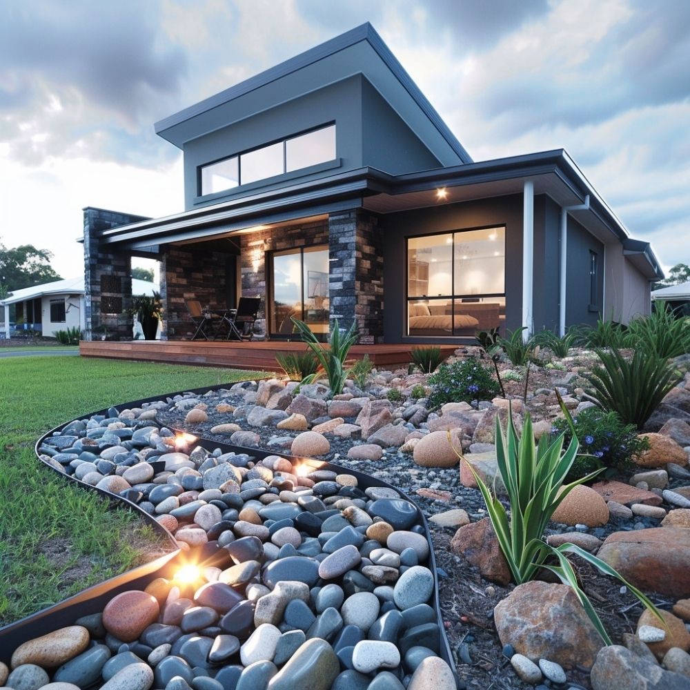 front yard landscape river-rocks