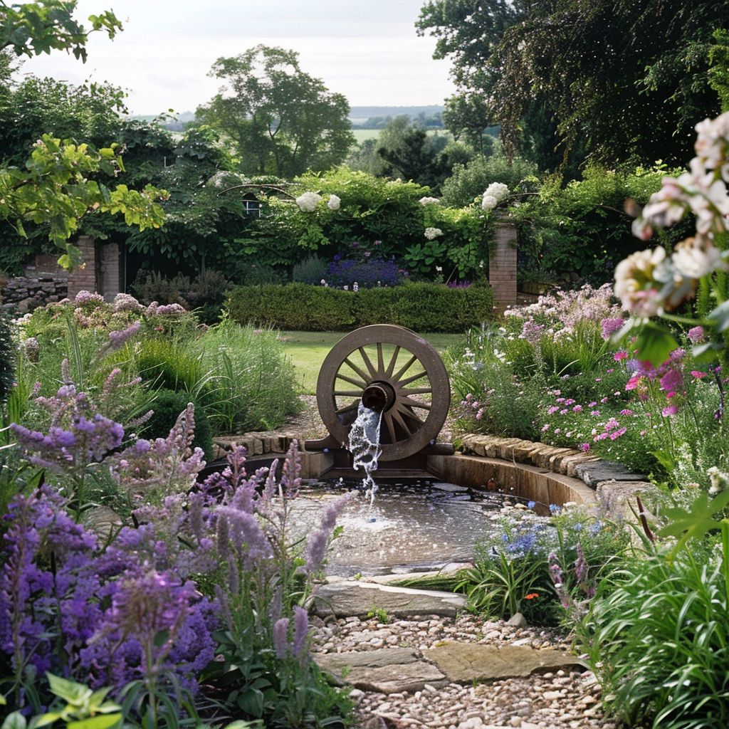 country garden old cartwheel or fountain