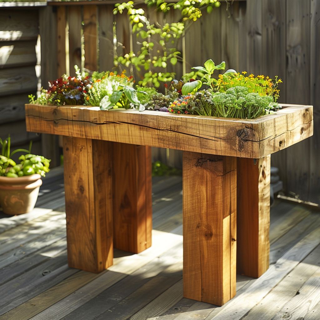 herb garden wooden tables