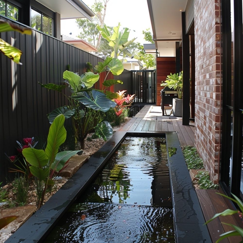 narrow side landscaping water feature