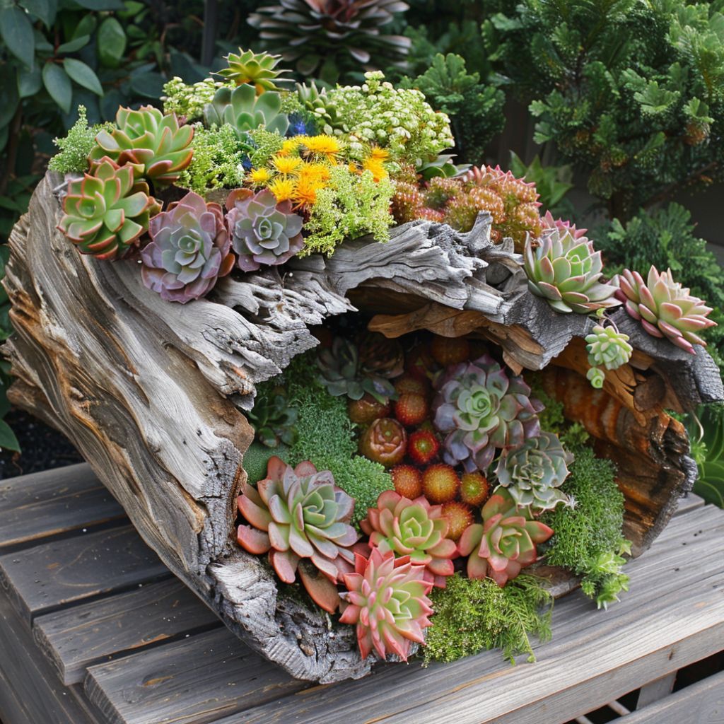 succulent garden hollow log