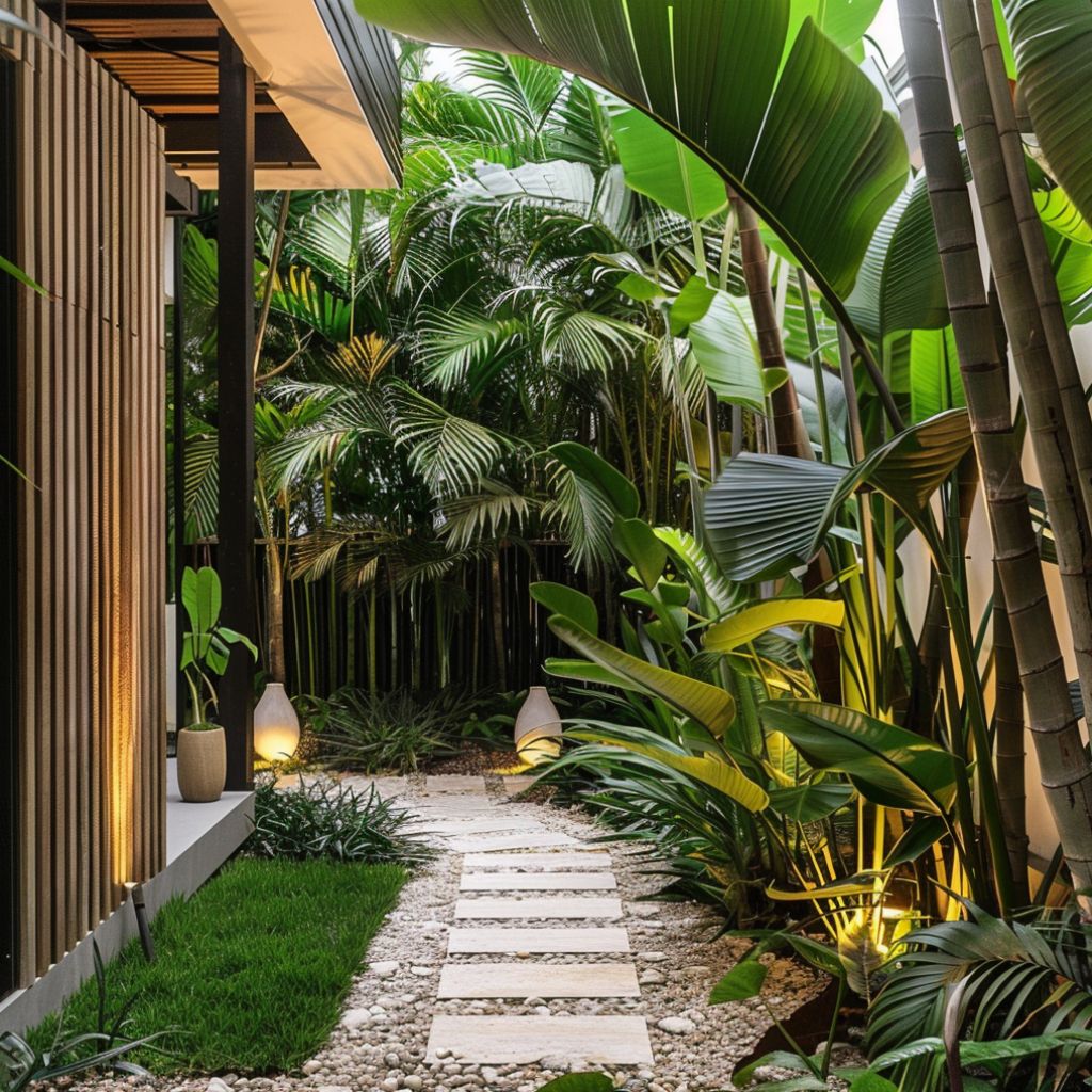 tropical garden hardy palms and banana plants